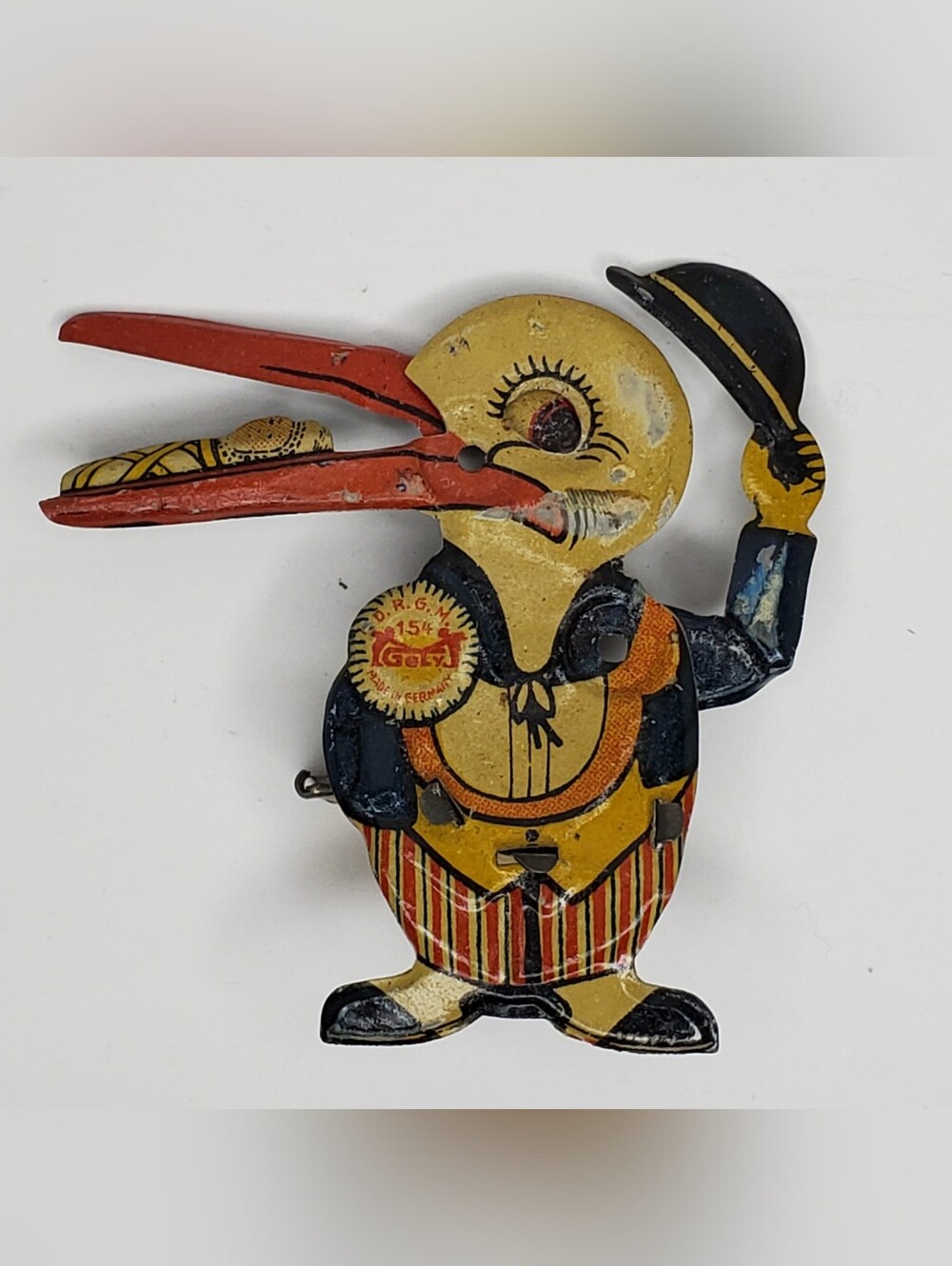 Antique 1920-30's DRGM 154 Gety Mechanical Tin Litho Stork Toy - 3"
